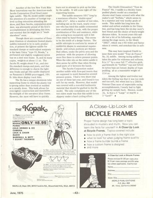 <---------- Bike World 06-1975 ----------> Technical Notes - Bill Shook / Pino Morroni / Cool Gear / Cinelli 3L saddle