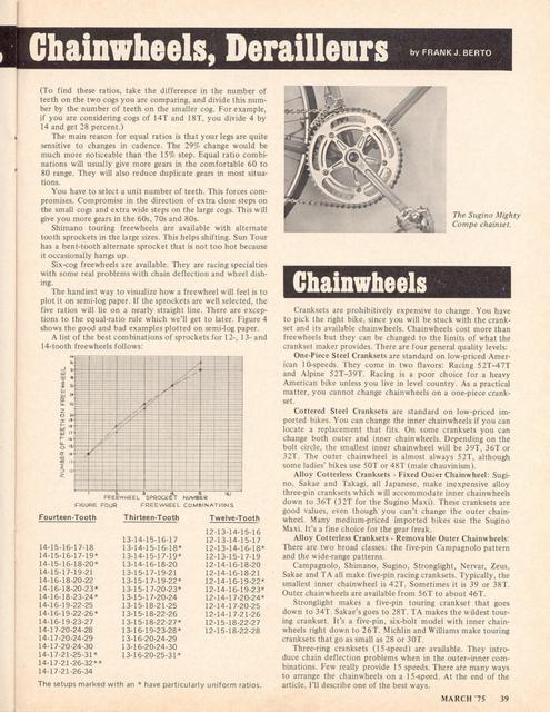 <------ Bicycling Magazine 03-1975 ------> Knowing Your Drivetrain - Part 1 - Freewheels, Chainwheels, Derailleurs