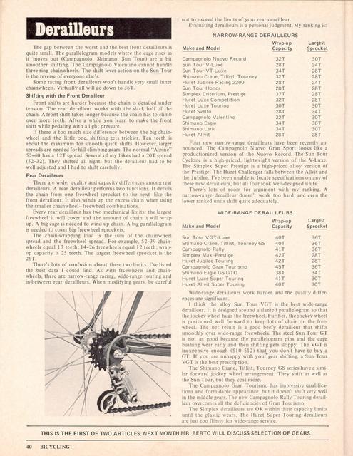 <------ Bicycling Magazine 03-1975 ------> Knowing Your Drivetrain - Part 1 - Freewheels, Chainwheels, Derailleurs