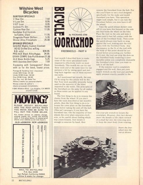 <------ Bicycling Magazine 04-1975 ------> Rebuilding Freewheels - Part 2