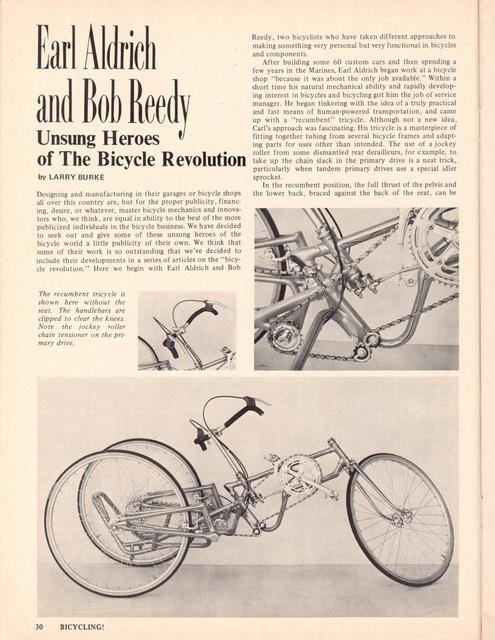<------ Bicycling Magazine 04-1975 ------> Unsung Heros Of The Bicycle Revolution:  Earl Aldrich And Bob Reedy
