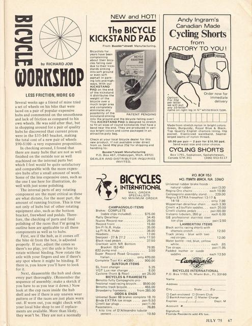 <------ Bicycling Magazine 07-1975 ------> Minimizing Hub Friction