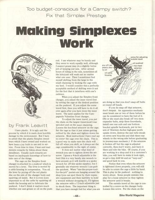 <---------- Bike World 08-1975 ----------> Making Simplex Derailleurs Work