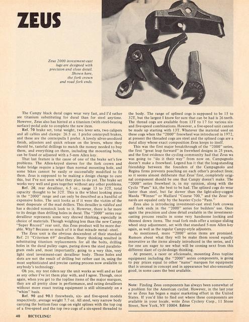 <------ Bicycling Magazine 09-1975 ------> New Zeus Components - The 2000 Series