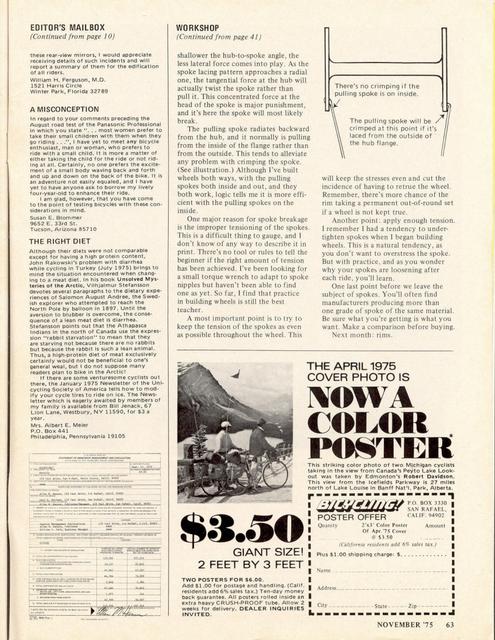 <------ Bicycling Magazine 11-1975 ------> Step By Step Wheels - Part 2 - Spoke Stress