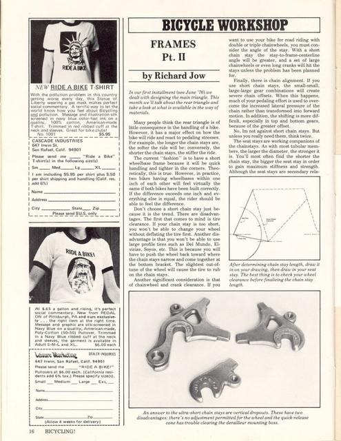 <------ Bicycling Magazine 09-1976 ------> Building A Frame - Part 2 (Follow-Up)
