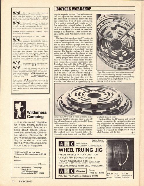 <------ Bicycling Magazine 07-1976 ------> Looking At Shimano’s FF System