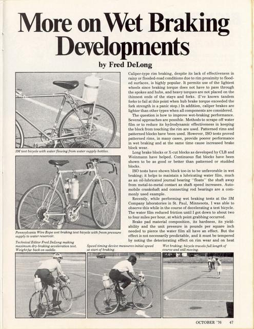 <------- Bicycling Magazine 10-1976 -------> More On Wet Braking Developments