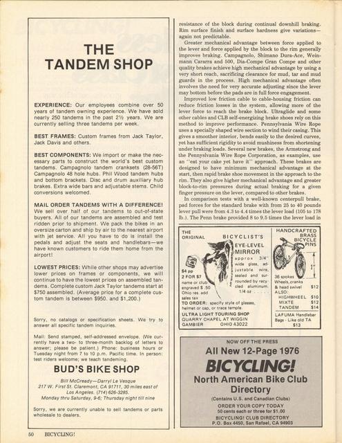 <------- Bicycling Magazine 10-1976 -------> More On Wet Braking Developments