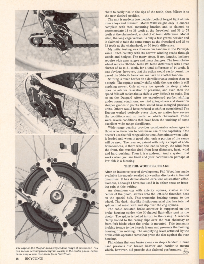 <------ Bicycling Magazine 03-1977 ------> Innovations From Huret And Phil Wood