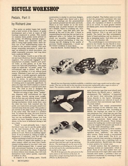 <------ Bicycling Magazine 05-1977 ------> Pedal Technology - Part 2 - Cinelli / Barelli / Hi-E