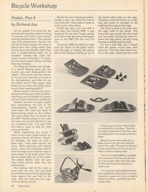<------ Bicycling Magazine 07-1977 ------> Pedal Technology - Part 4 - Cleats / Clips / Technique