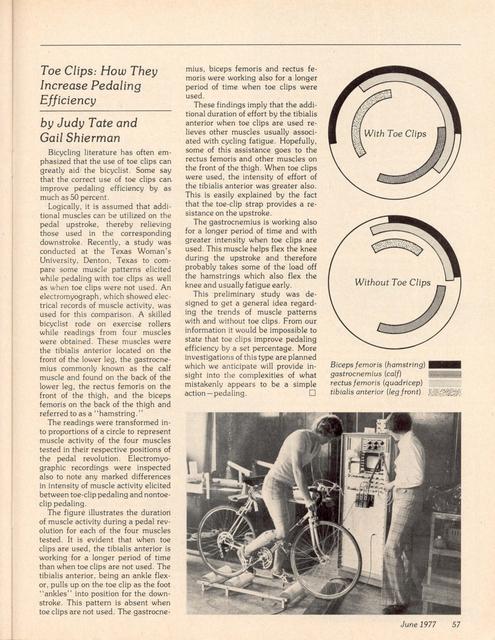 <------ Bicycling Magazine 06-1977 ------> Toe Clips:  How They Increase Pedaling Efficiency