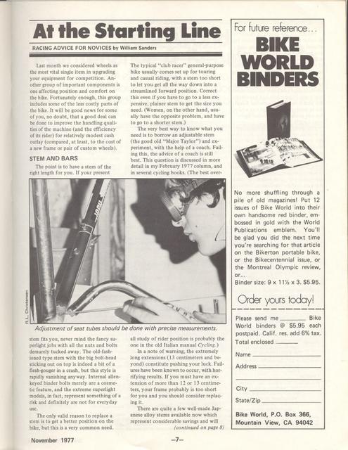<---------- Bike World 11-1977 ----------> Equipping Your Race Bike - Part 2 - Stems / Bars / Posts / Saddles