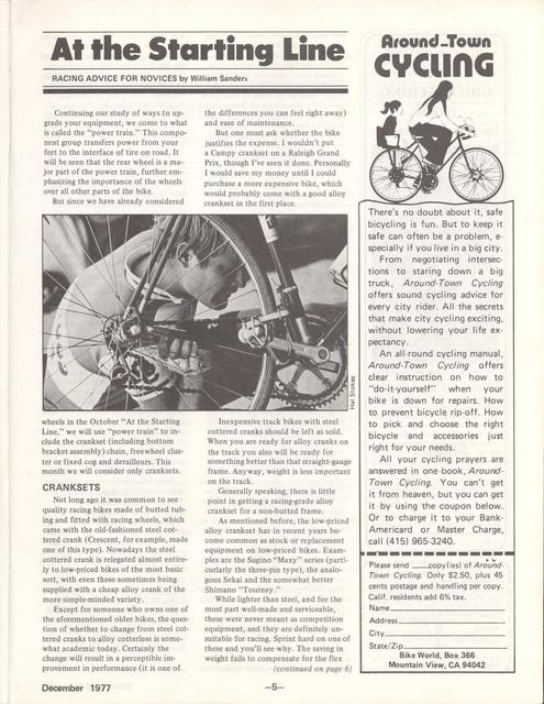 <---------- Bike World 12-1977 ----------> Equipping Your Race Bike - Part 3 - Cranksets