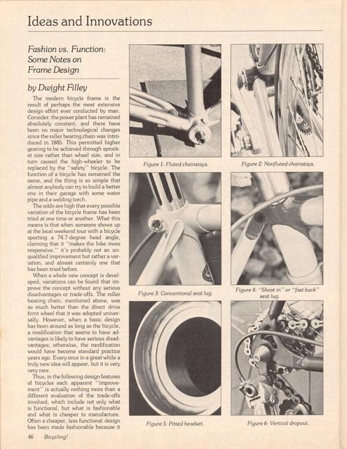 <------ Bicycling Magazine 01-1978 ------> Fashion versus Function:  Some Notes On Frame Design