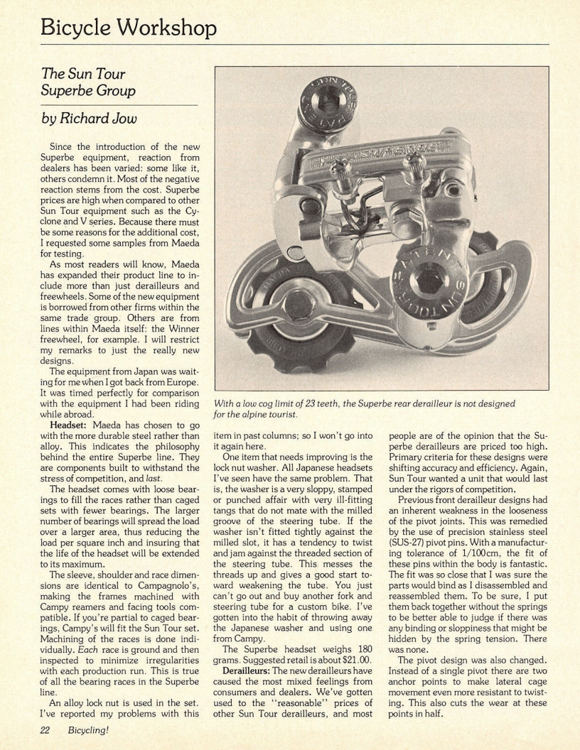 <------ Bicycling Magazine 01-1978 ------> The SunTour Superbe Group