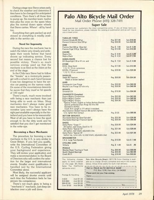 <------ Bicycling Magazine 04-1978 ------> Wheel Equipment - Prologue - The Pro Mechanic