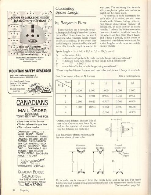 <------ Bicycling Magazine 04-1978 ------> Wheel Equipment - Prologue - Calculating Spoke Length