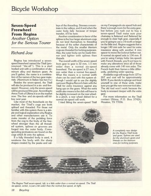<------ Bicycling Magazine 09-1978 ------> Seven Speed Freewheel From Regina