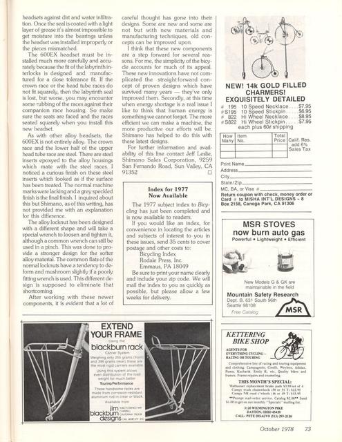 <------ Bicycling Magazine 10-1978 ------> Shimano’s 600 EX