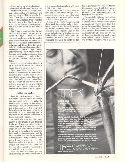 <------ Bicycling Magazine 12-1978 ------> New Side Pull Brakes - Part 2