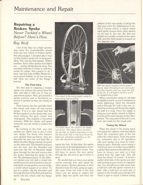 <------ Bicycling Magazine 11-1978 ------> Repairing A Broken Spoke