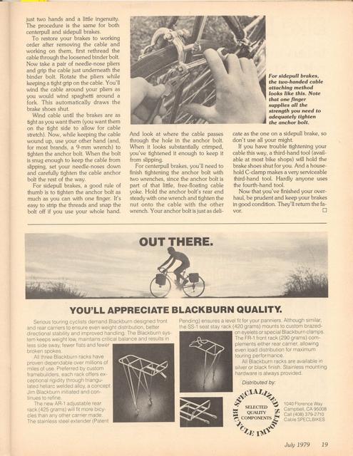 <------ Bicycling Magazine 07-1979 ------> Brake Adjustment - Part 2