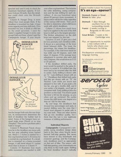 <------ Bicycling Magazine 01-1980 ------> Bicycle Workshop - Part 1 - All About Rear Derailleurs