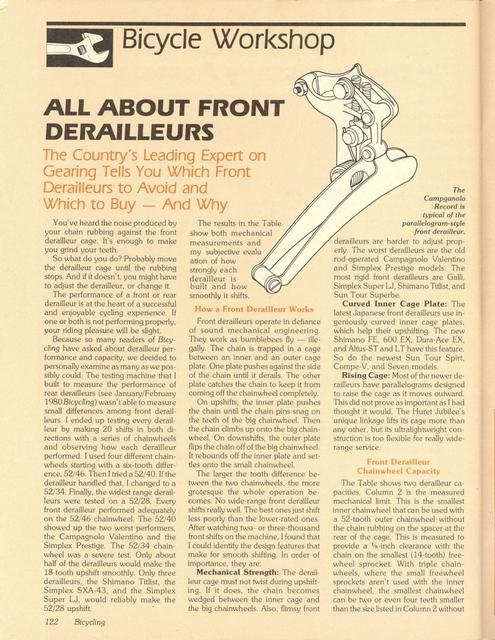 <------ Bicycling Magazine 03-1980 ------> Bicycle Workshop - Part 2 - All About Front Derailleurs