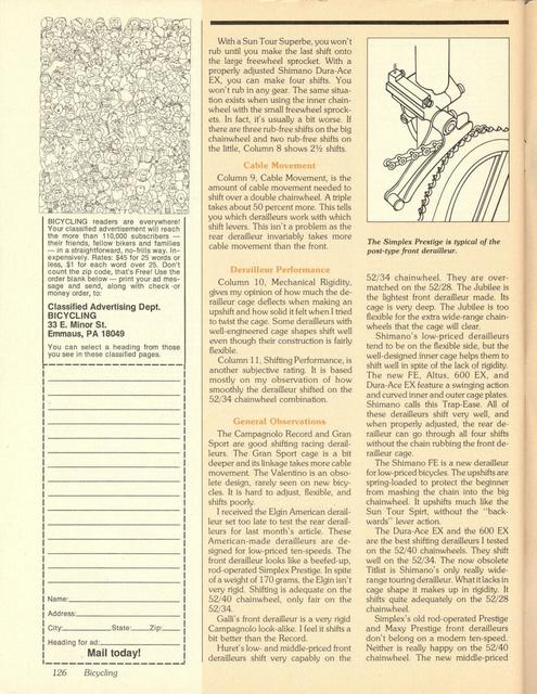 <------ Bicycling Magazine 03-1980 ------> Bicycle Workshop - Part 2 - All About Front Derailleurs
