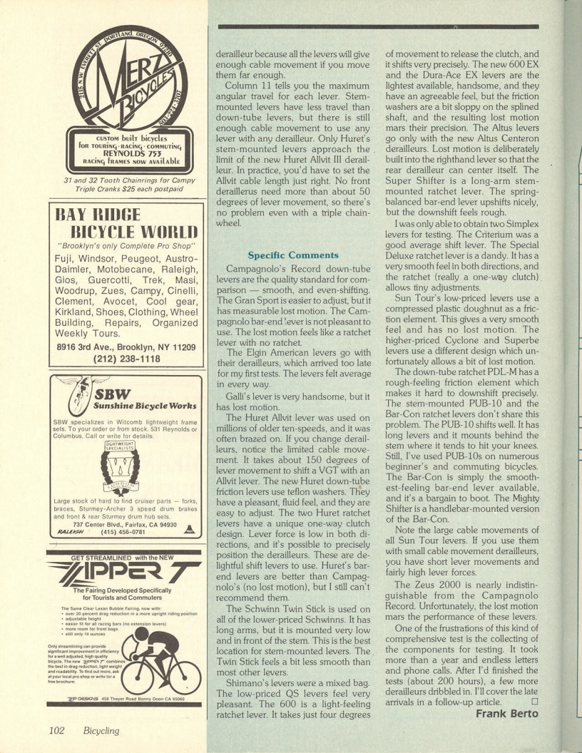 <------ Bicycling Magazine 04-1980 ------> Bicycle Workshop - Part 3 - All About Shift Levers