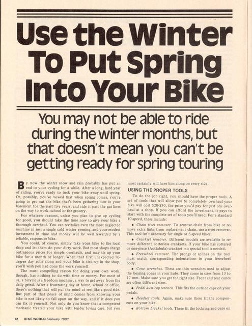 <---------- Bike World 01-1980 ----------> Use Winter To Put Spring Into Your Bike