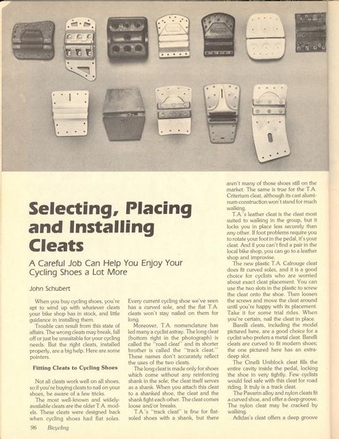 <------ Bicycling Magazine 03-1980 ------> Selecting, Placing, And Installing Cleats