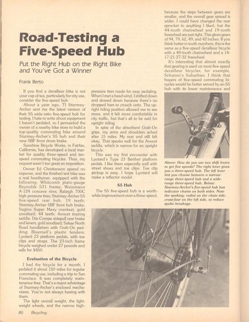 <------ Bicycling Magazine 04-1980 ------> Road Testing A Five Speed Hub