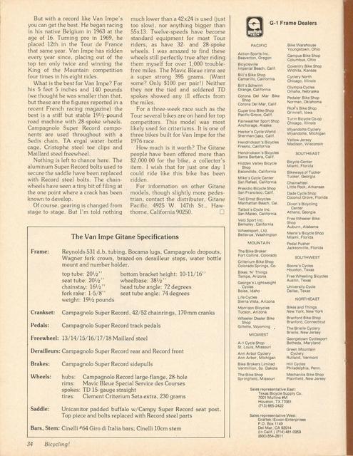 <------ Bicycling Magazine 08-1977 ------> A Gitane For Van Impe - His Tour de France Winning Bike