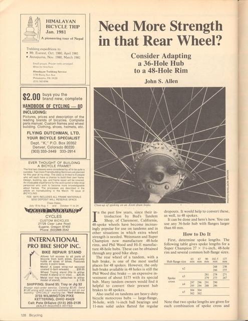 <------ Bicycling Magazine 06-1980 ------> Adapting A 36 Hole Hub To A 48 Hole Rim