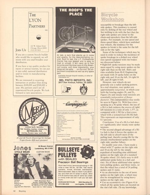 <------ Bicycling Magazine 10-1980 ------> Spoking Geometry And Wheel Strength