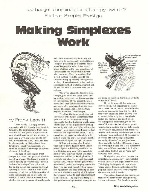 <---------- Bike World 08-1975 ----------> Making Simplex Derailleurs Work