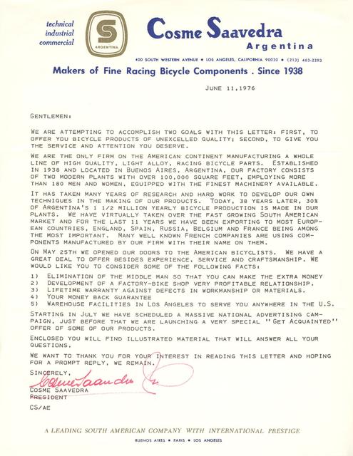 Saavedra cover letter (06-11-1976)