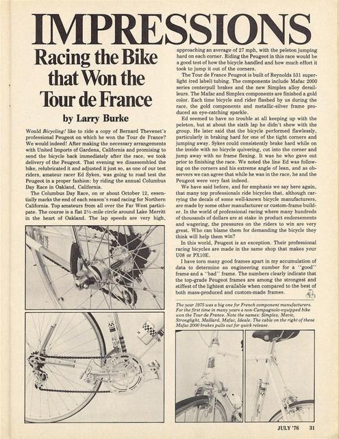<-------------- Bicycling Magazine 07-1976 -------------> Peugeot PY-10 (1975 TdF winning bike)