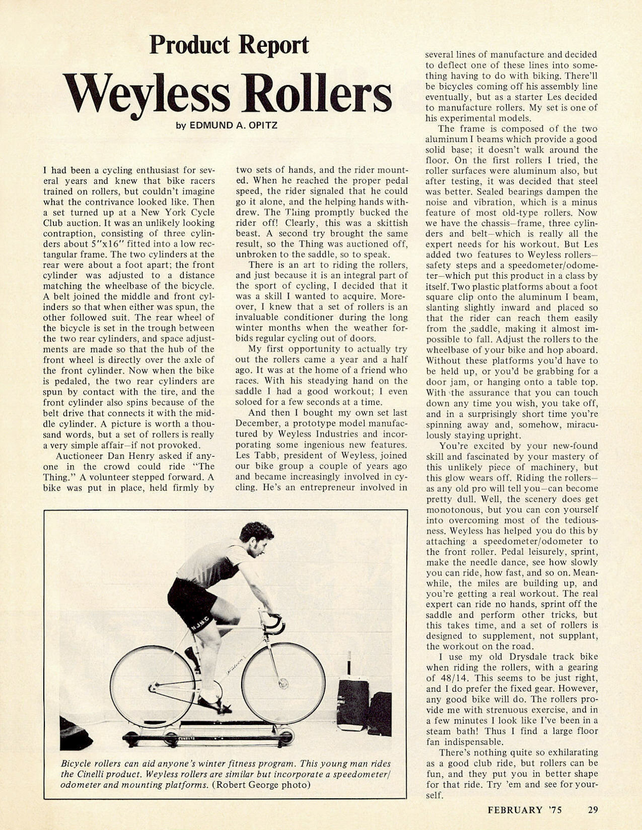 <------ Bicycling Magazine 02-1975 ------> Product Report:  Weyless Rollers