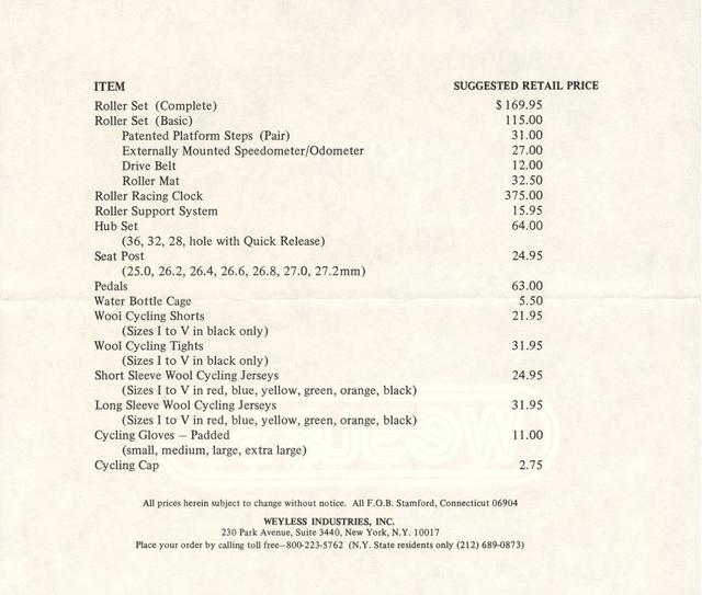 Weyless retail price list (1976)