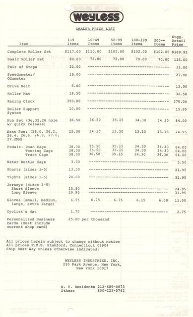 Weyless order form / dealer price list (1976)