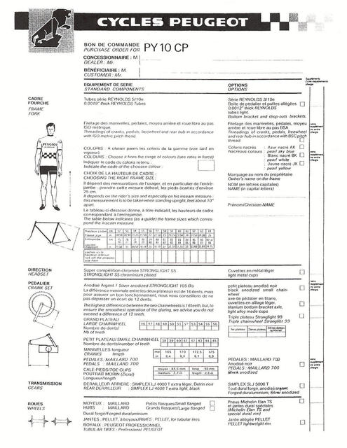 Cycles Peugeot PY-10 CP order form  - circa 1979 (Front Page)