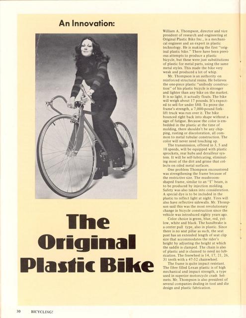 <------ Bicycling Magazine 06-1973 ------> The Original Plastic Bike