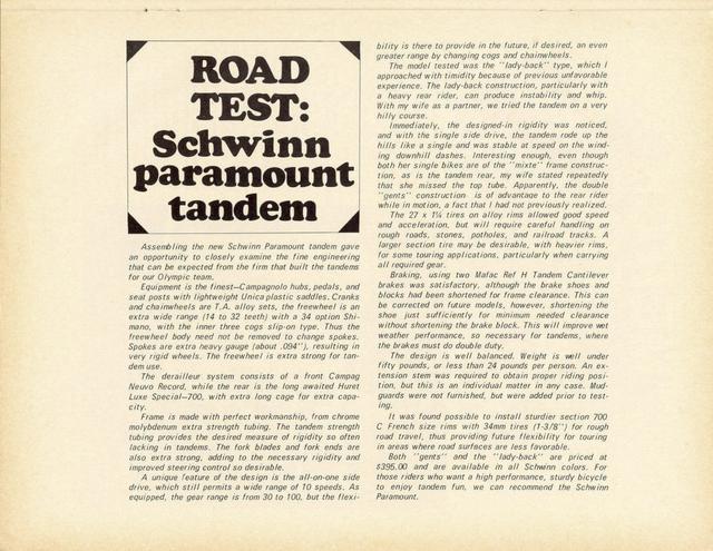 <------ Bicycling Magazine 06-1969 ------> Schwinn Paramount Tandem