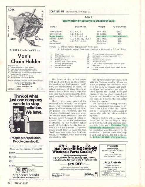 <------ Bicycling Magazine 06-1974 ------> Schwinn Le Tour