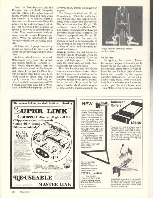 <------ Bicycling Magazine 11-1978 ------> A Trio of Tandems - Gitane / Motobecane / Peugeot