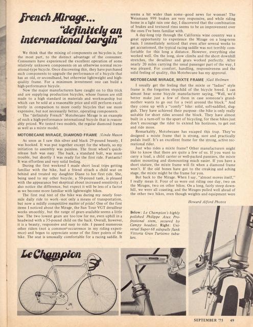 <------ Bicycling Magazine 09-1975 ------> Motobecane Le Champion / Mirage
